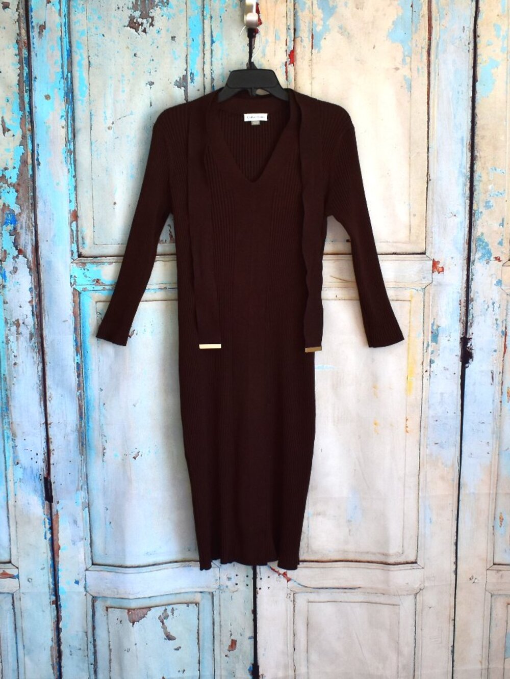 Women's Calvin Klein Dress Ribbed V-Neck 3/4 Sleeve Knit Casual MEDIUM Brown